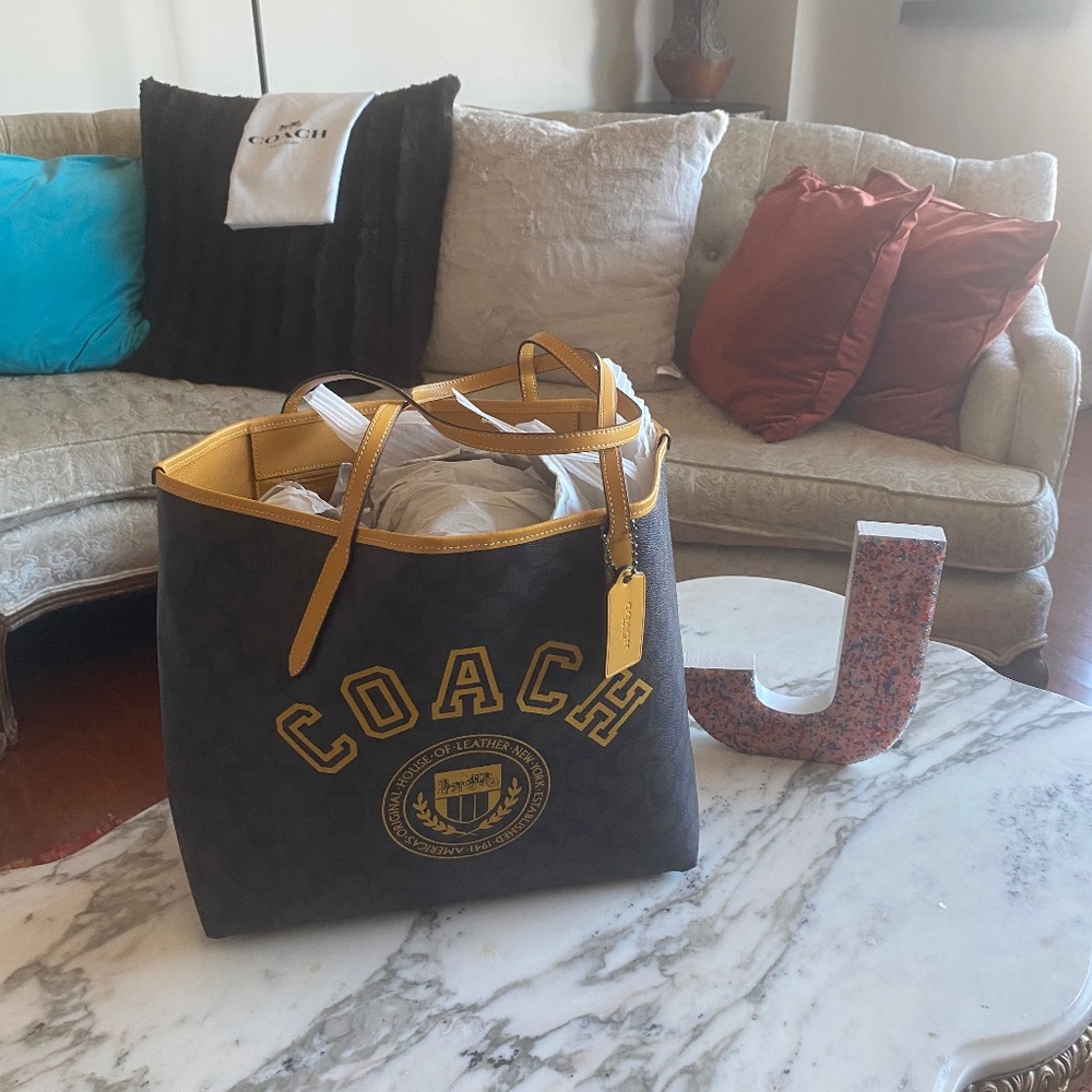 Coach Signature Leather and Mustard Varsity Tote
